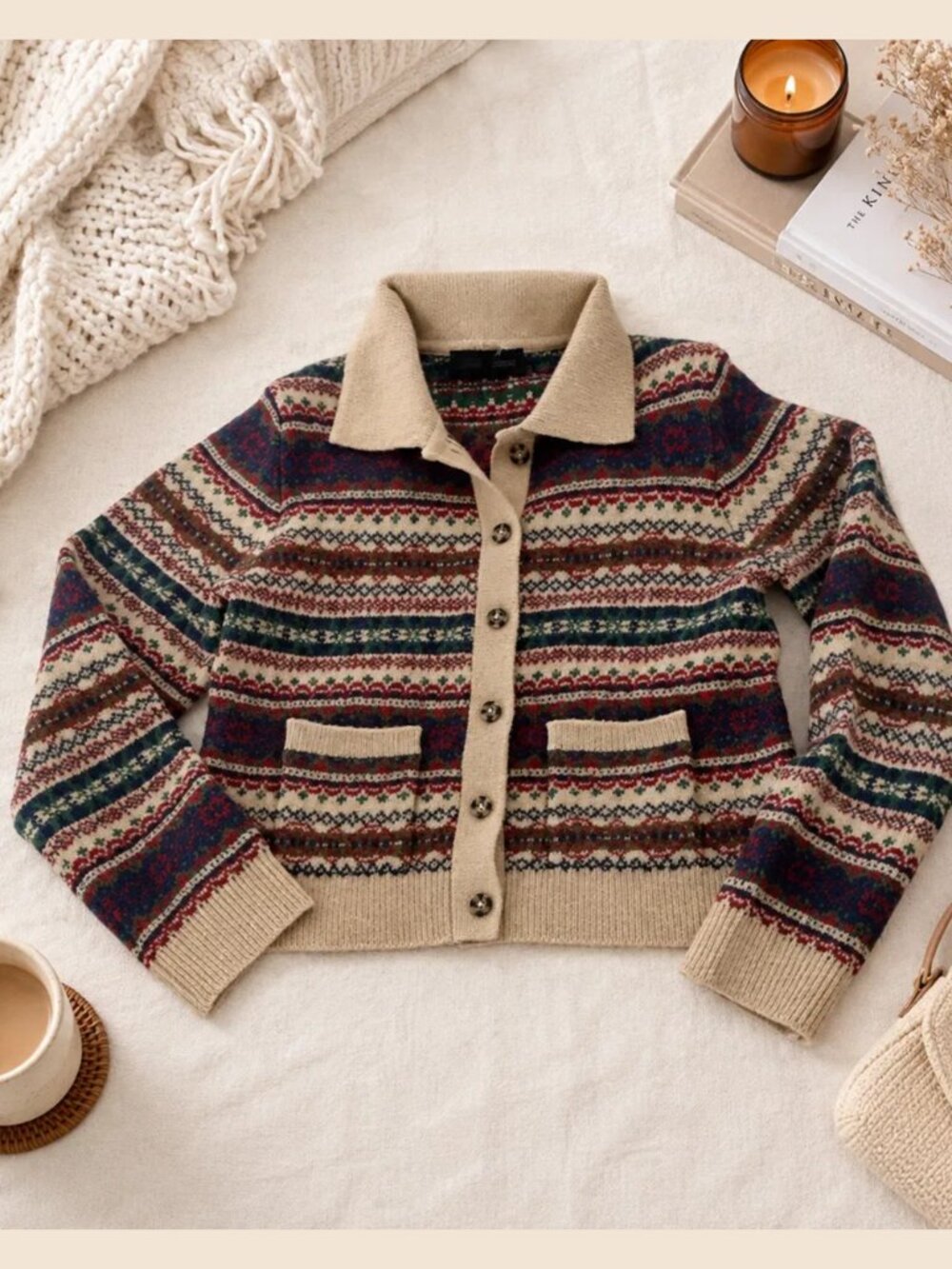 Zara Fair Isle Collared Cardigan Sweater Size M